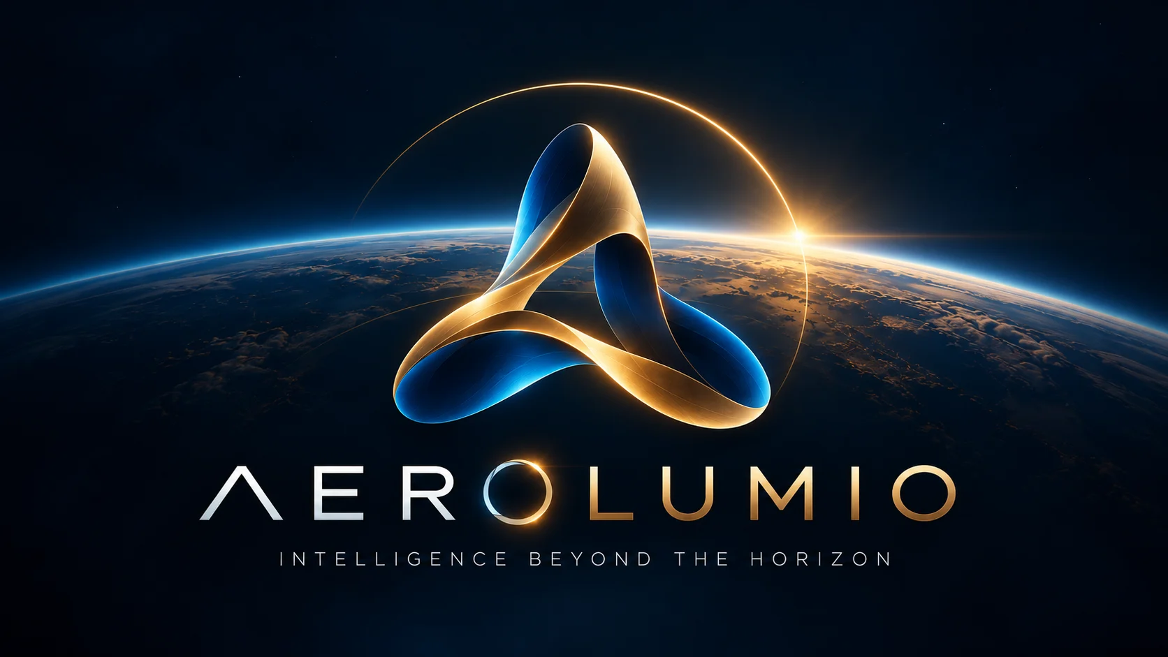 AeroLumio: Intelligence beyond the horizon. A gold and blue emblem rising over the Earth's horizon at sunrise.
