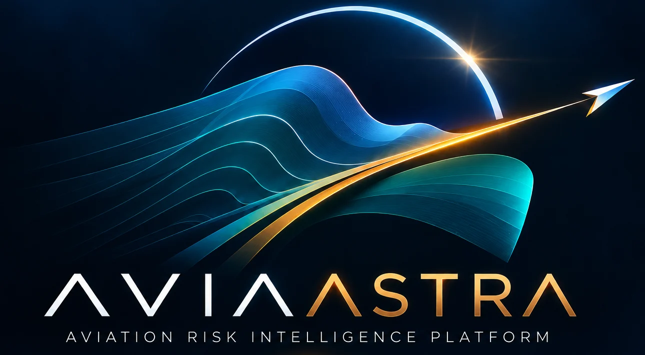 AviaAstra, aviation risk intelligence platform. A gold flight path rising through layers of blue terrain.